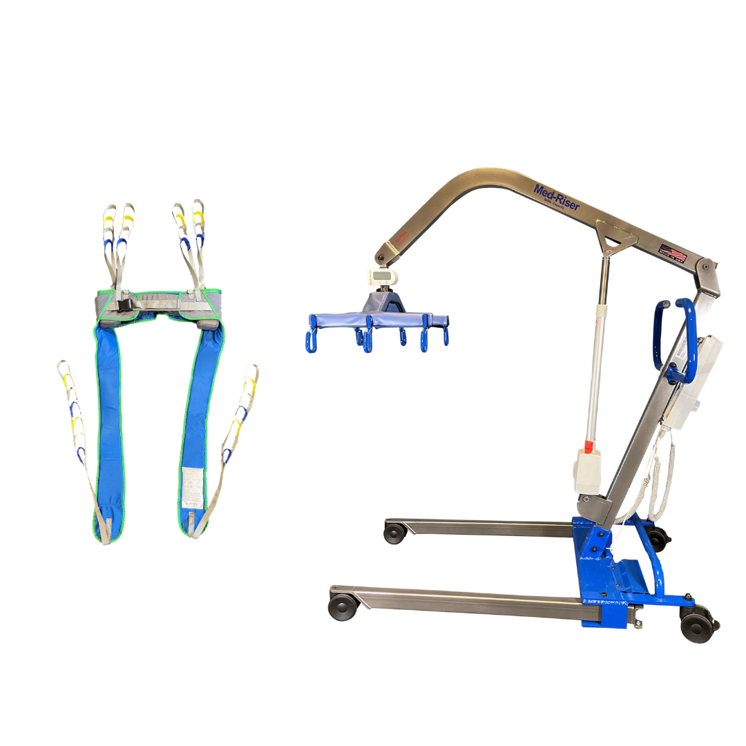 The Med-Mizer MedRiser 600 Patient Lift—blue and silver, fully electric with wheels—is shown beside a green and blue lifting sling, both designed for safe patient handling during mobility assistance and transfers.